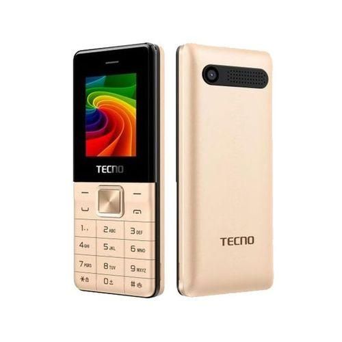 A TECNO T528 feature phone with a 2.8 inch display, shown in gold color, featuring a keypad and a camera on the back.